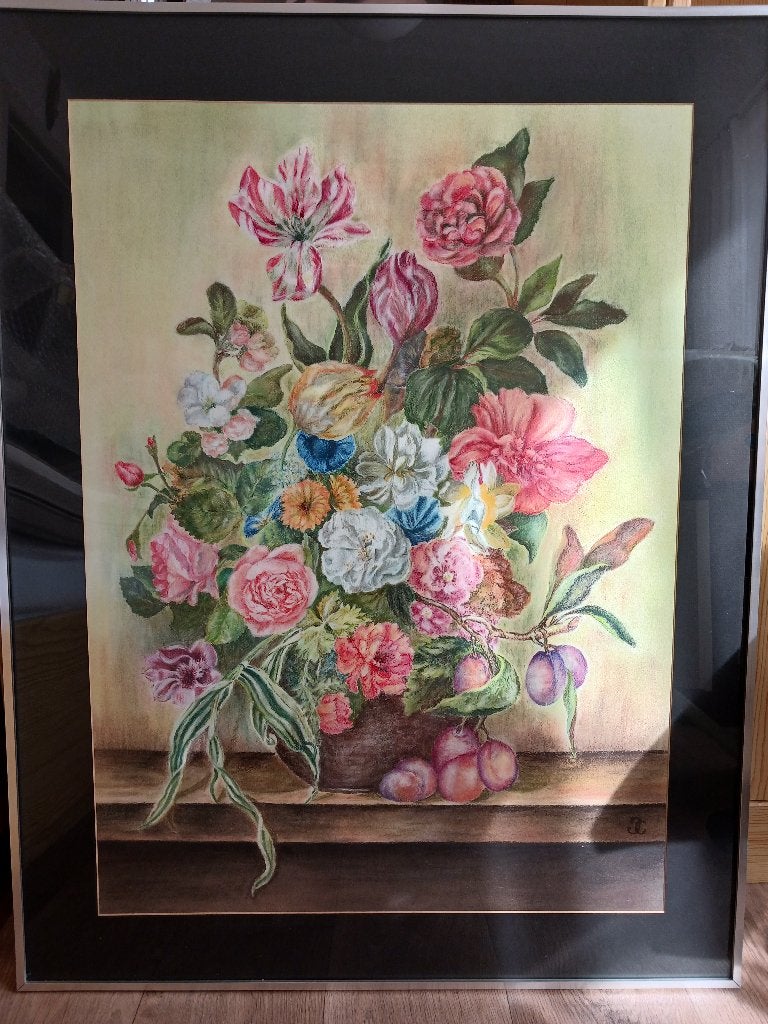 bloemen schilderij, Antiek en Kunst, Papier, Pastel, Ophalen, Bloemen