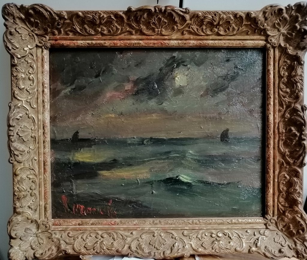 Constant Permeke '' Nacht op zee '' olieverf op doek study, Maritiem / water, Expressionistisch, Olieverf, Origineel werk