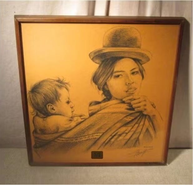 Beau dessin ancien « Mère bolivienne et enfant » - signé, Antiquités & Art, Art | Dessins & Photographie, Enlèvement ou Envoi