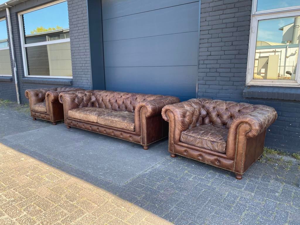 Ruime Chesterfield 3.5 +1+1 zit zetels sigaren cognac, Enlèvement ou Envoi, Comme neuf, Cuir