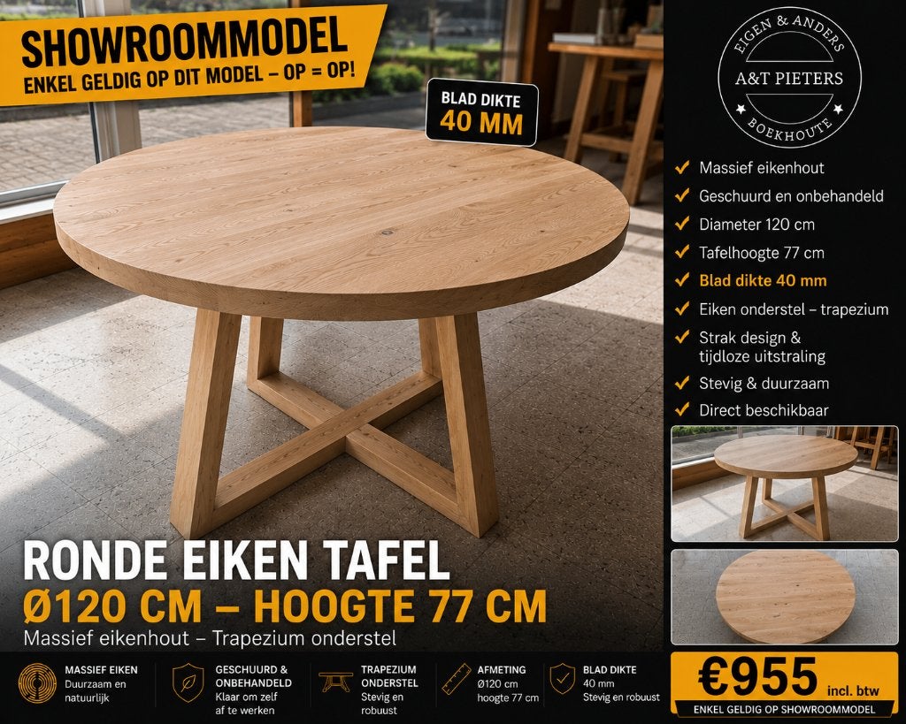 Tafel met rond blad., Huis en Inrichting, Ophalen, Nieuw, 75 cm of meer, Tijdloos en landelijk.