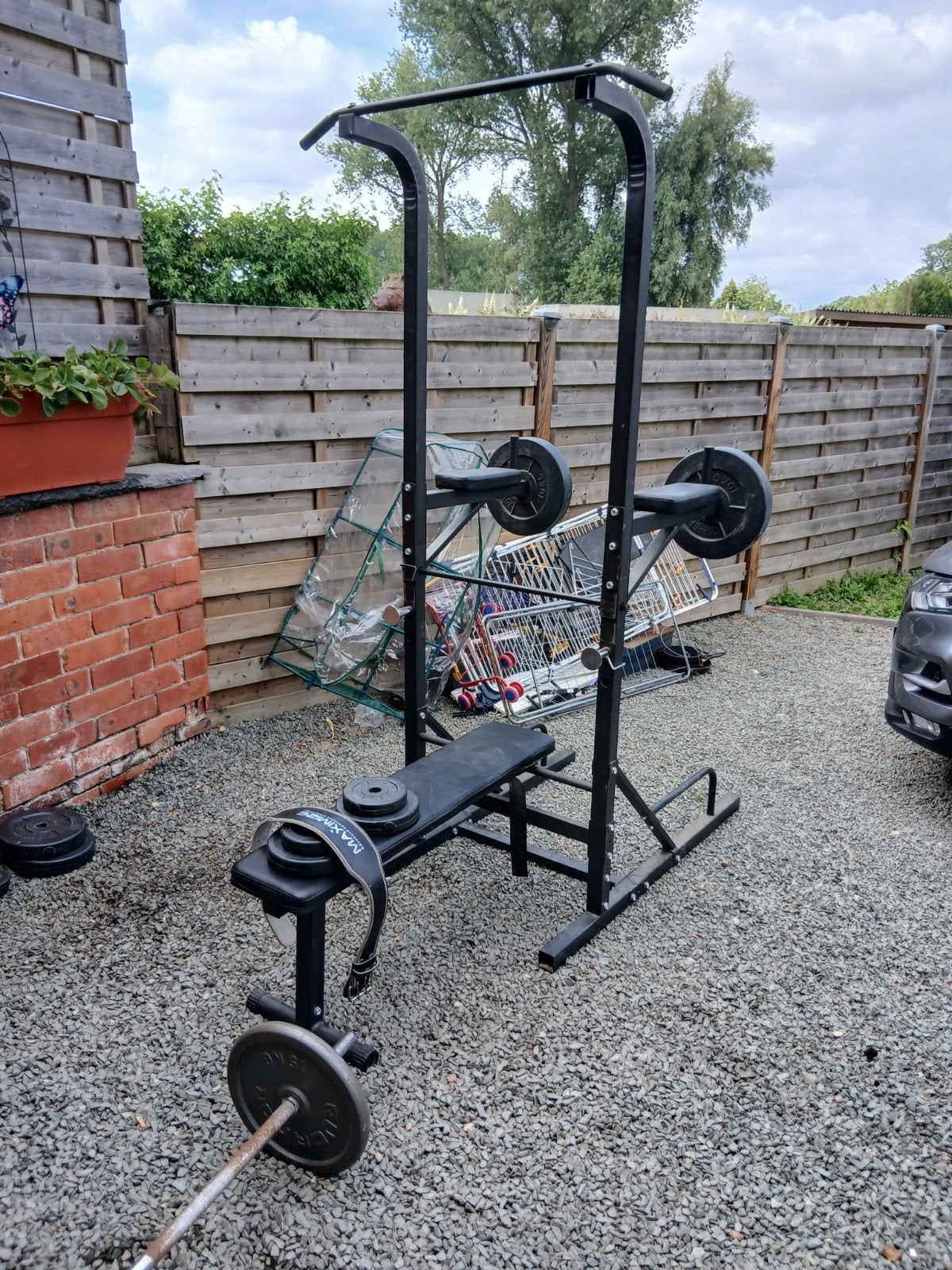 Krachtstation - Met Halterbank- dipsteunen-pull up bar, Sport en Fitness, Ophalen, Gebruikt