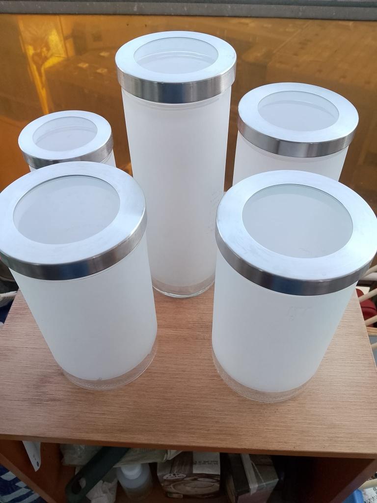 5-DELIGE GLAZEN VOORRAADPOTTEN, Huis en Inrichting, Keuken | Servies, Zo goed als nieuw, Kom(men), Overige stijlen, Glas, Ophalen