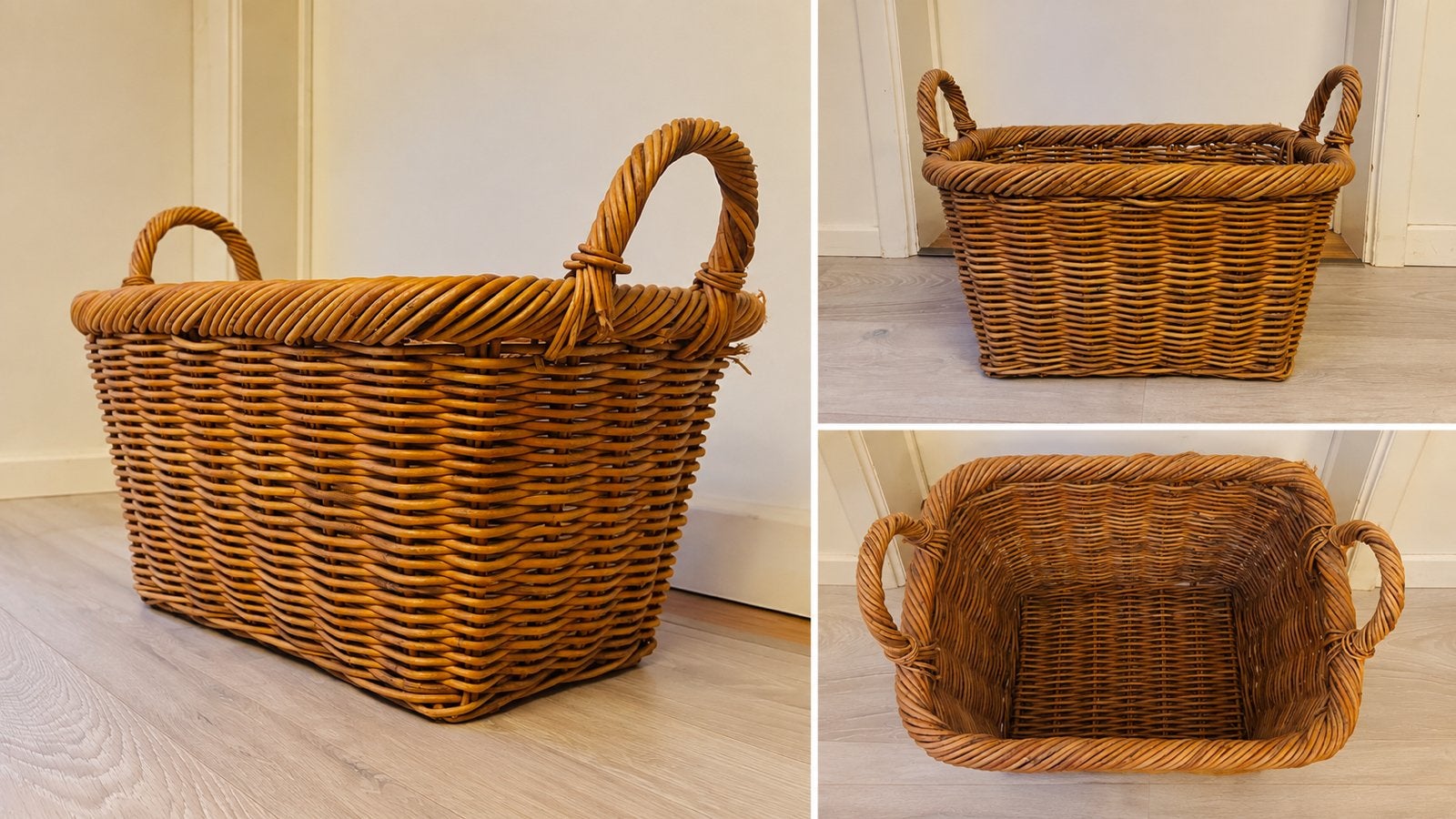 Grote stevige rieten mand met handvatten – vintage – 49 cm, Ophalen, Gebruikt, Gevlochten, Mand