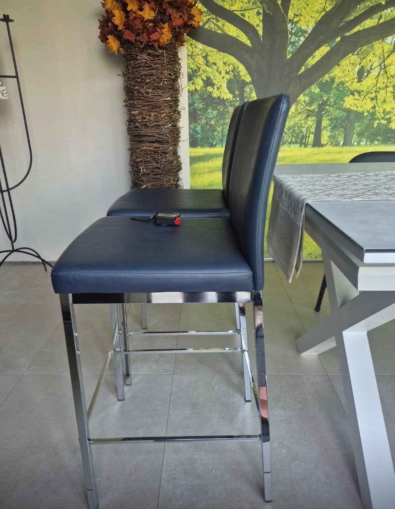 Barstoel blauw leder met inox frame, Ophalen, Met voetsteun, 60 tot 90 cm, Nieuw