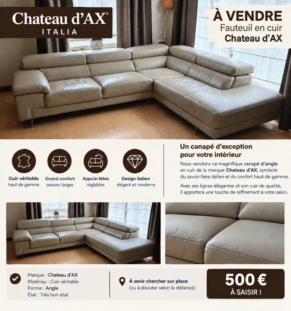 CANAPÉ CHATEAU D’AX EN CUIR - Baisse de prix !, Enlèvement, Utilisé, Style : contemporain, élégant et intemporel – design italien