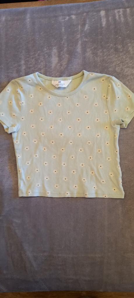 mintgroen T-shirt met witte bloemen H&M maat 146 - 152, Kinderen en Baby's, Kinderkleding | Maat 146, Meisje, H&M, Ophalen of Verzenden