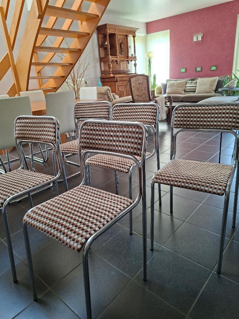 5 chaises années 60-70, Maison & Meubles, Chaises, Années 60-70, Tissus, Comme neuf, Brun