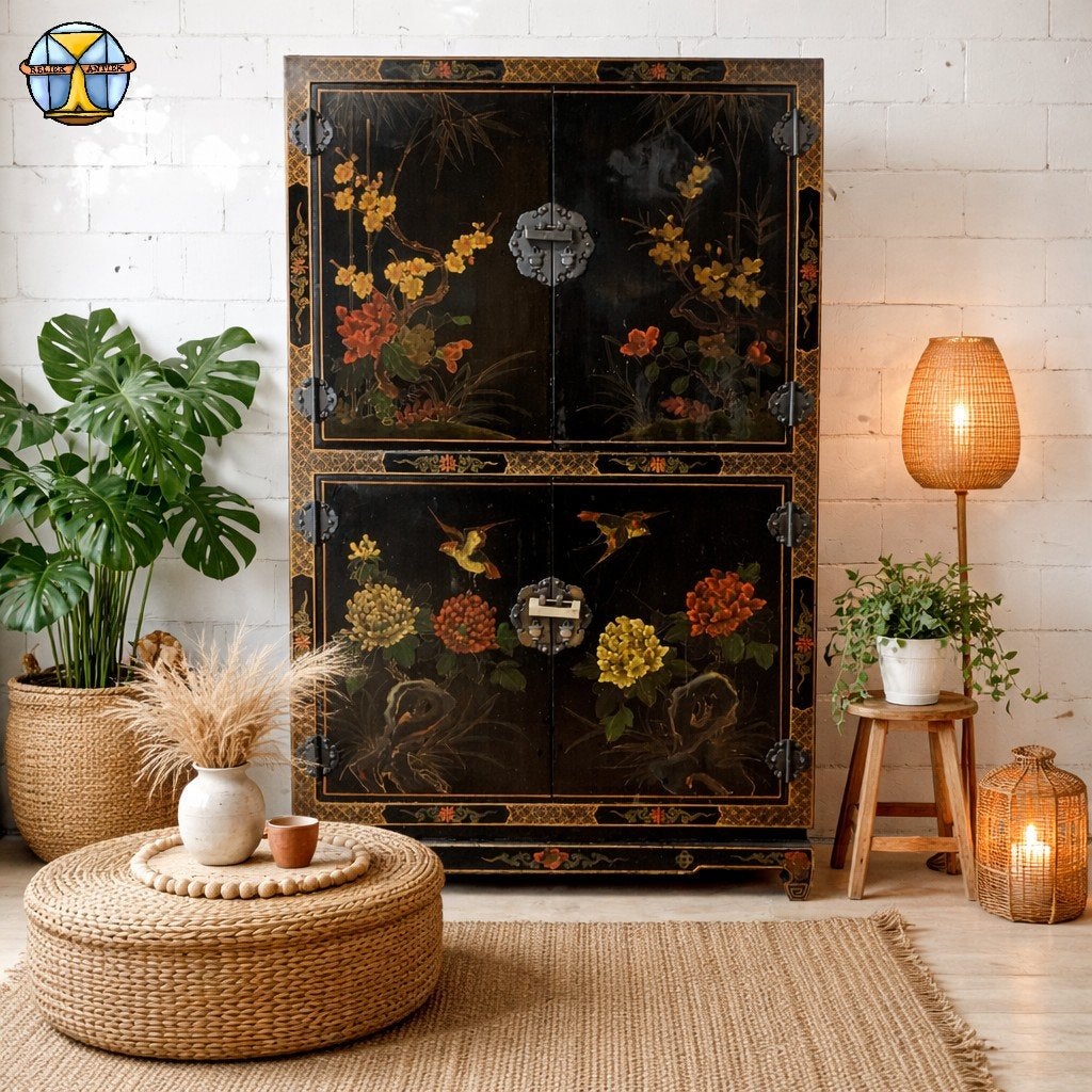 Armoire vintage laquée chinoise noire à fleurs et oiseaux/bo, Maison & Meubles, Armoires | Autre, Utilisé, Enlèvement ou Envoi