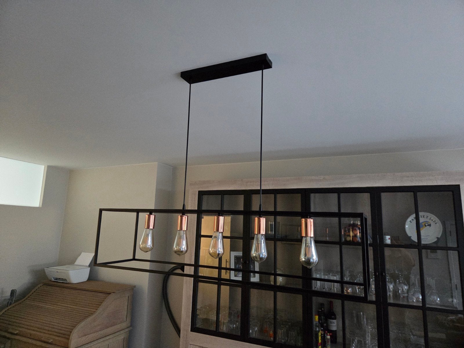 Moderne Industriële Hanglamp – Zwart Open Frame met Koperen, Ophalen