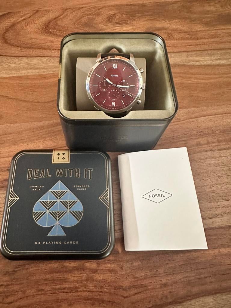 Montre chronographe Fossil bracelet cuir – Excellent état, Ophalen of Verzenden, Zo goed als nieuw, Leer