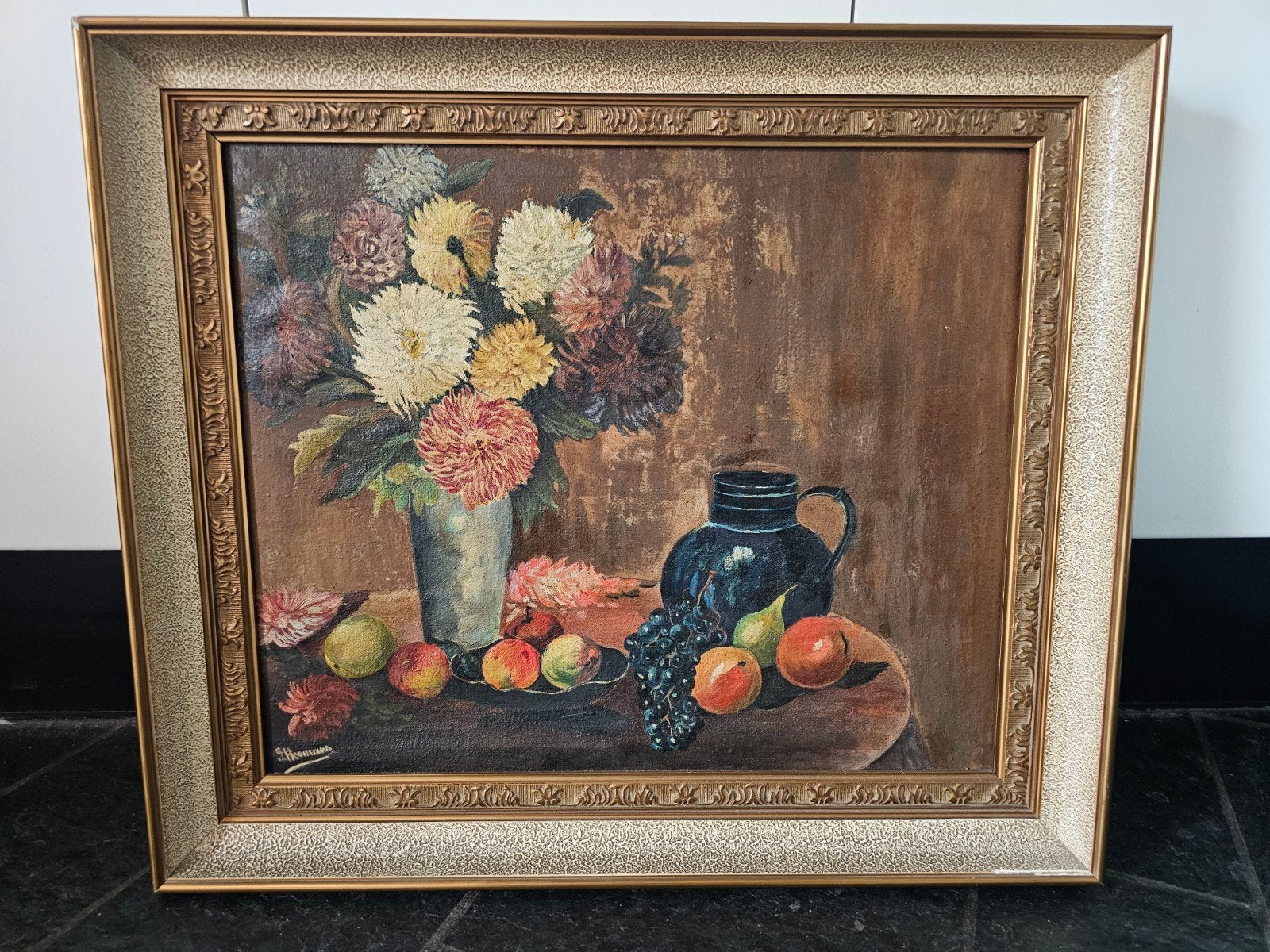 Olieverf Stilleven Bloem & Fruit - J. Hermans (of I.), Antiek en Kunst, Doek, Gesigneerd, Olieverf, Klassiek