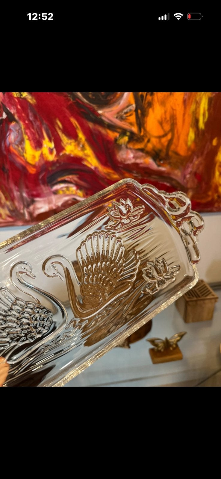 Lange vintage glazen schaal met zwanen reliëf, Ophalen of Verzenden
