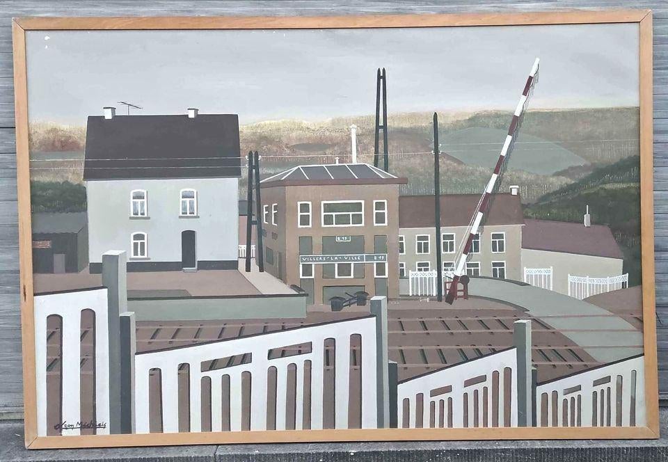 Huile sur toile passage à niveau signe Léon michiels, Antiek en Kunst, Kunst | Schilderijen | Klassiek, Ophalen