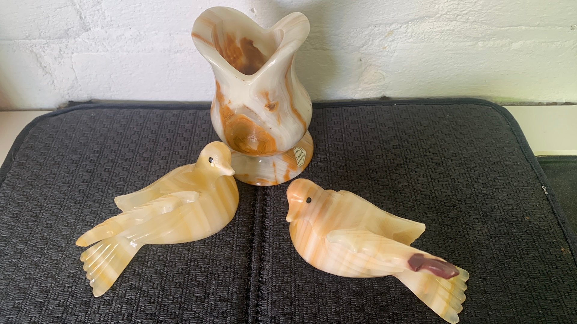 Onyx set: 2 handgesneden vogels + vaas Mexico, Jaren '70/'80, Minder dan 20 cm, Ophalen of Verzenden, Handgemaakt, Steen of Keramiek