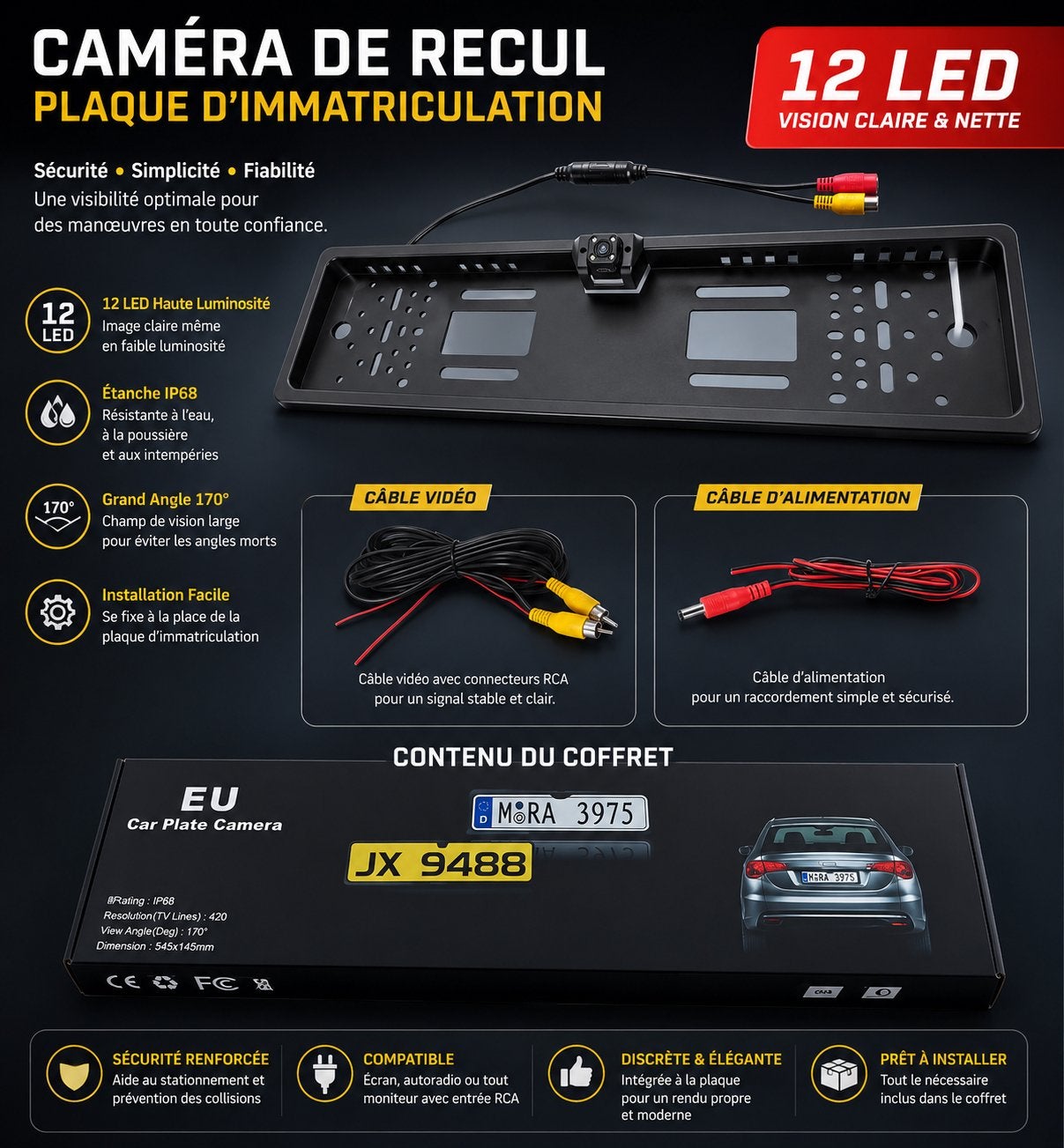 Caméra de recul plaque d’immatriculation 12 LED, Enlèvement ou Envoi