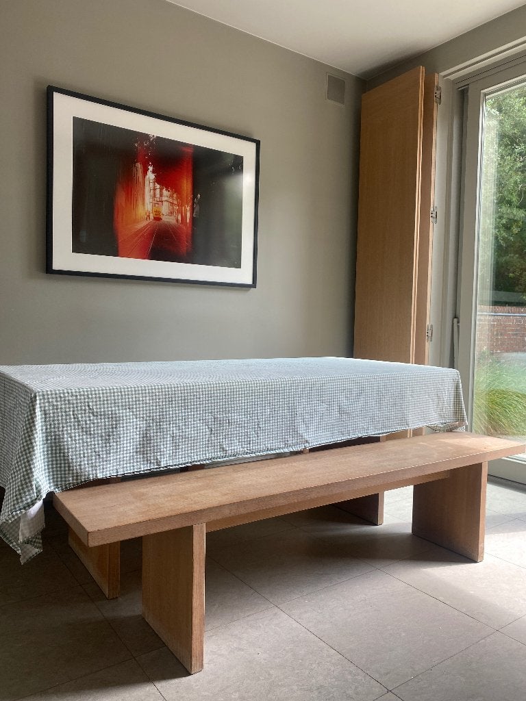 Massief eiken eettafel met 2 losse zitbanken, Huis en Inrichting, Ophalen, Gebruikt, Eikenhout, 50 tot 100 cm