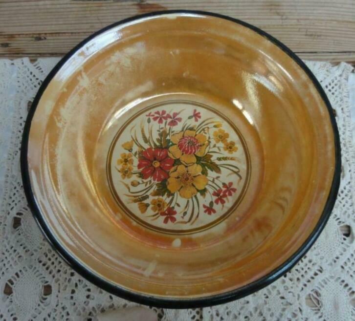 SALE Lichtgeel emaille schaaltje, bloemen, oranje parelmoer, Antiek en Kunst, Ophalen of Verzenden