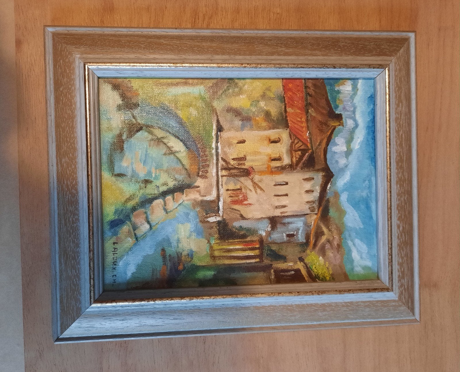 tableau village du bord de l'eau, Peinture à l'huile, Enlèvement, Toile, Impressionniste