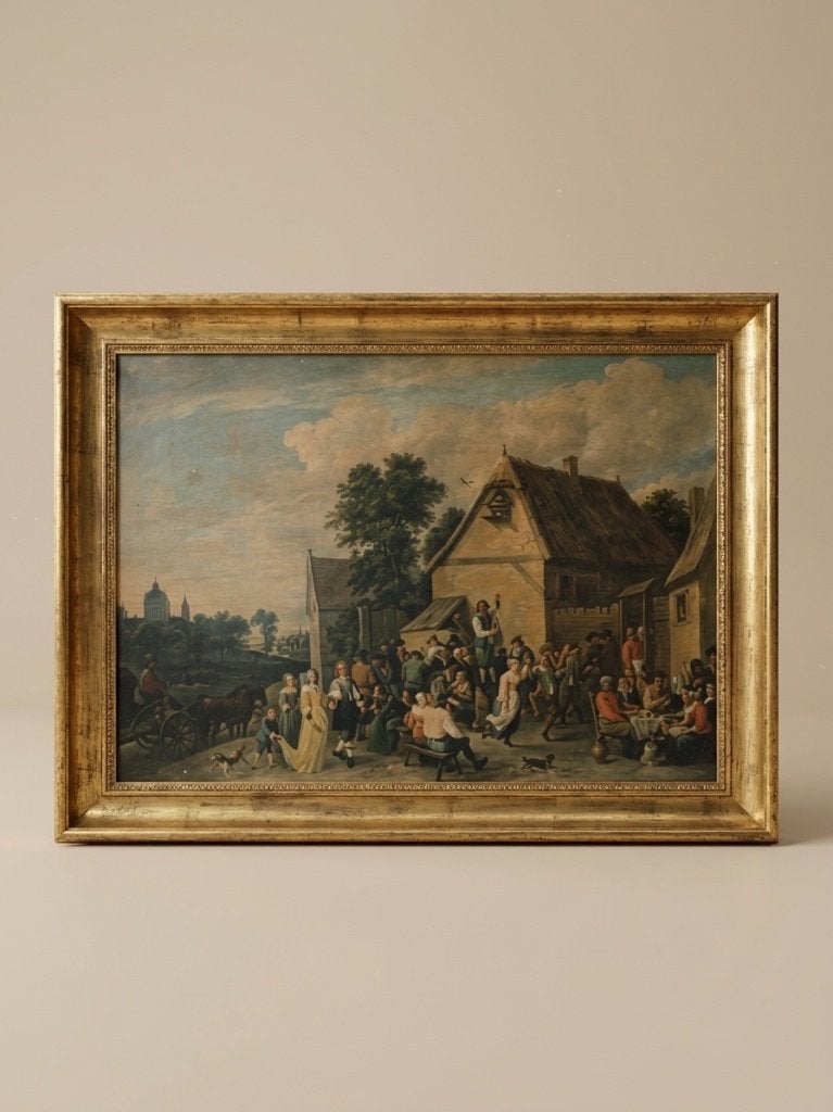 Tableau ancien scène de village, Huile sur toile cadre doré, Enlèvement, Classique, Paysage, Toile