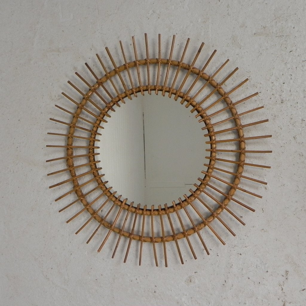 Ronde vintage bamboe spiegel met geslepen glas, jaren 50, Antiek en Kunst, Ophalen of Verzenden
