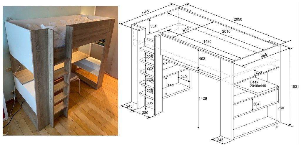 Lit mezzanine Trasman avec bureau intégré – 90  200 cm, Maison & Meubles, 90 cm, 180 à 200 cm, Enlèvement, 200 cm