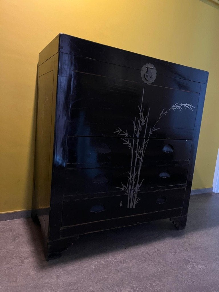 Meuble rangement asiatique, laqué noir, motifs bambou, 3 ou 4 tiroirs, 25 à 50 cm, 100 à 150 cm, Enlèvement