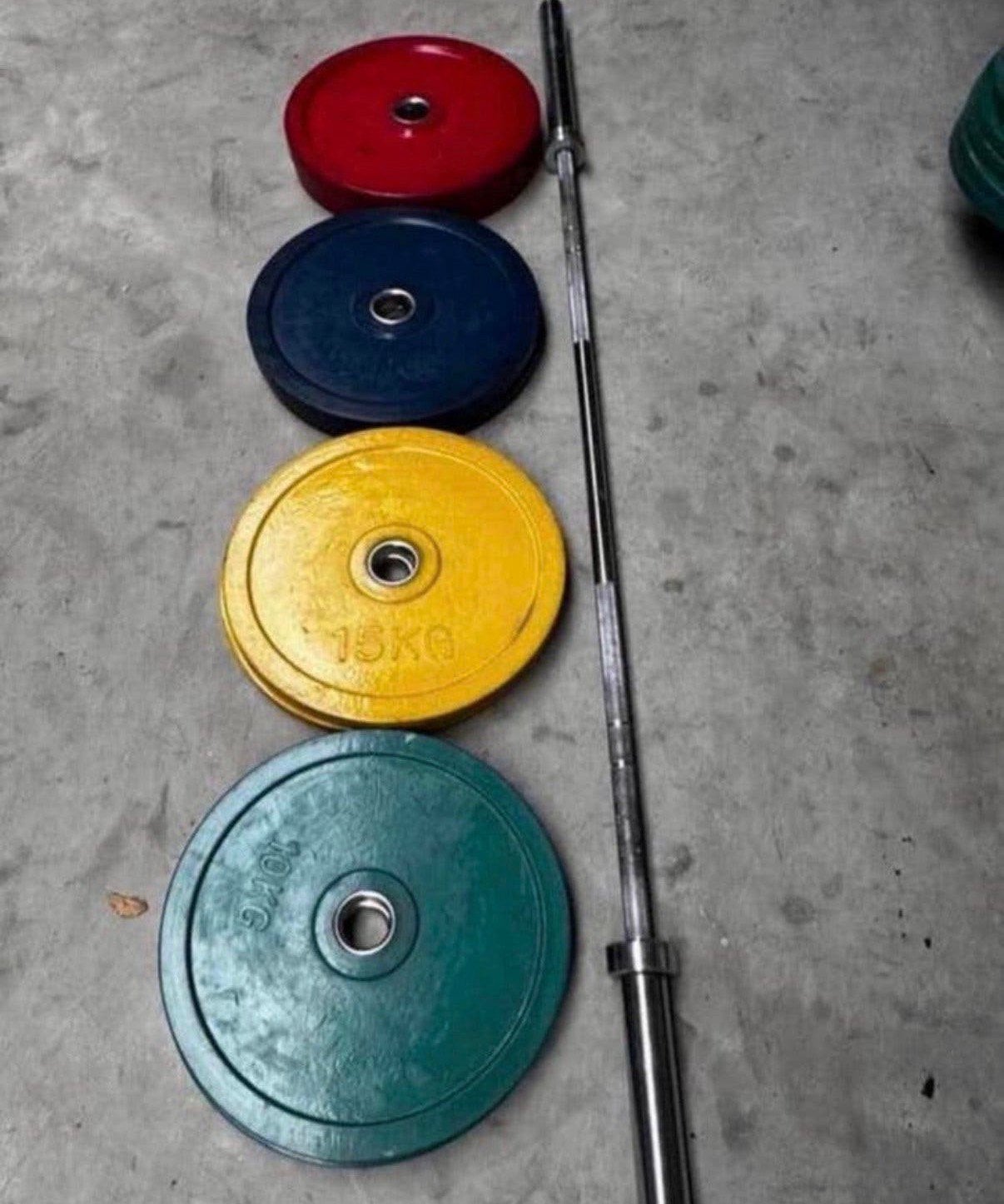 150kg Gekleurde Gewichten + Olympische Barbell 220cm, Ophalen, Gebruikt, Halterschijven
