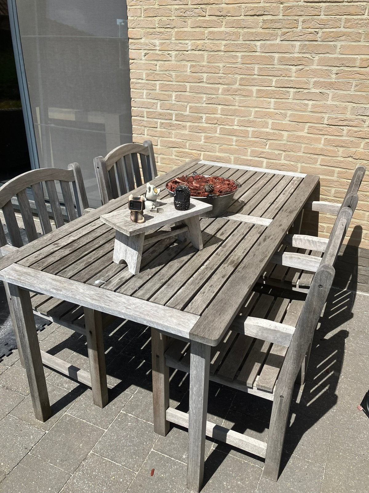Tuinset teak tafel en 4 stoelen, Ophalen, Gebruikt, Teakhout, Tuinset