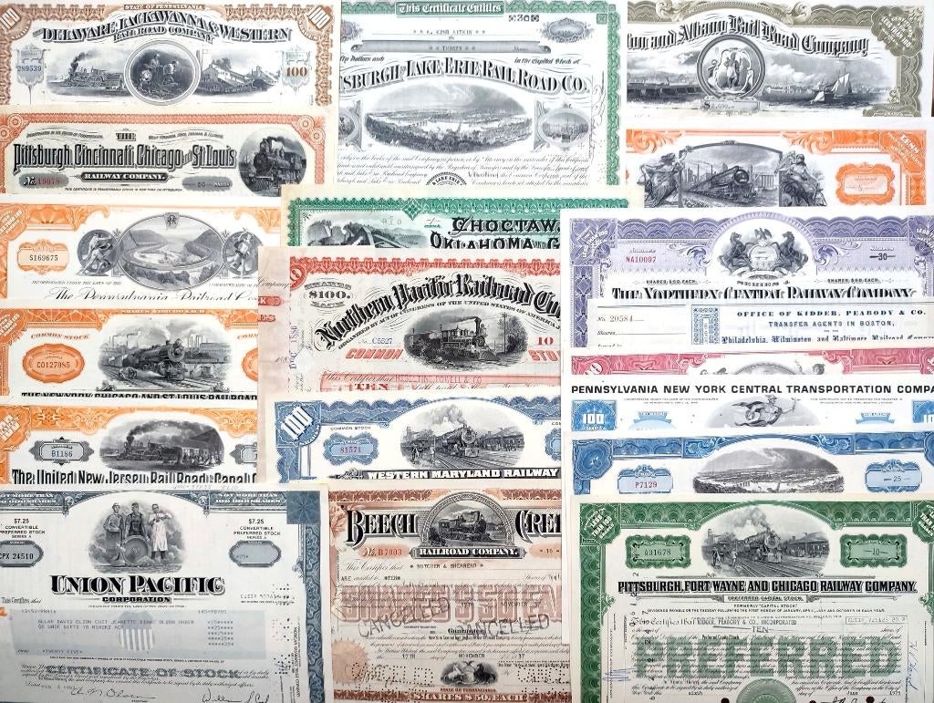 19 oude Amerikaanse spoorwegaandelen 1887-1983 = 1 prijs!, Postzegels en Munten, Aandelen en Waardepapieren, Ophalen of Verzenden