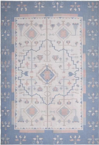 Groot tapijt 200 x 300 1970s Turks kelim/oushak handgemaakt, Gebruikt, 200 cm of meer, 200 cm of meer, Kelim oushak turks handgemaakt wol katoen blauw roze geometrisch