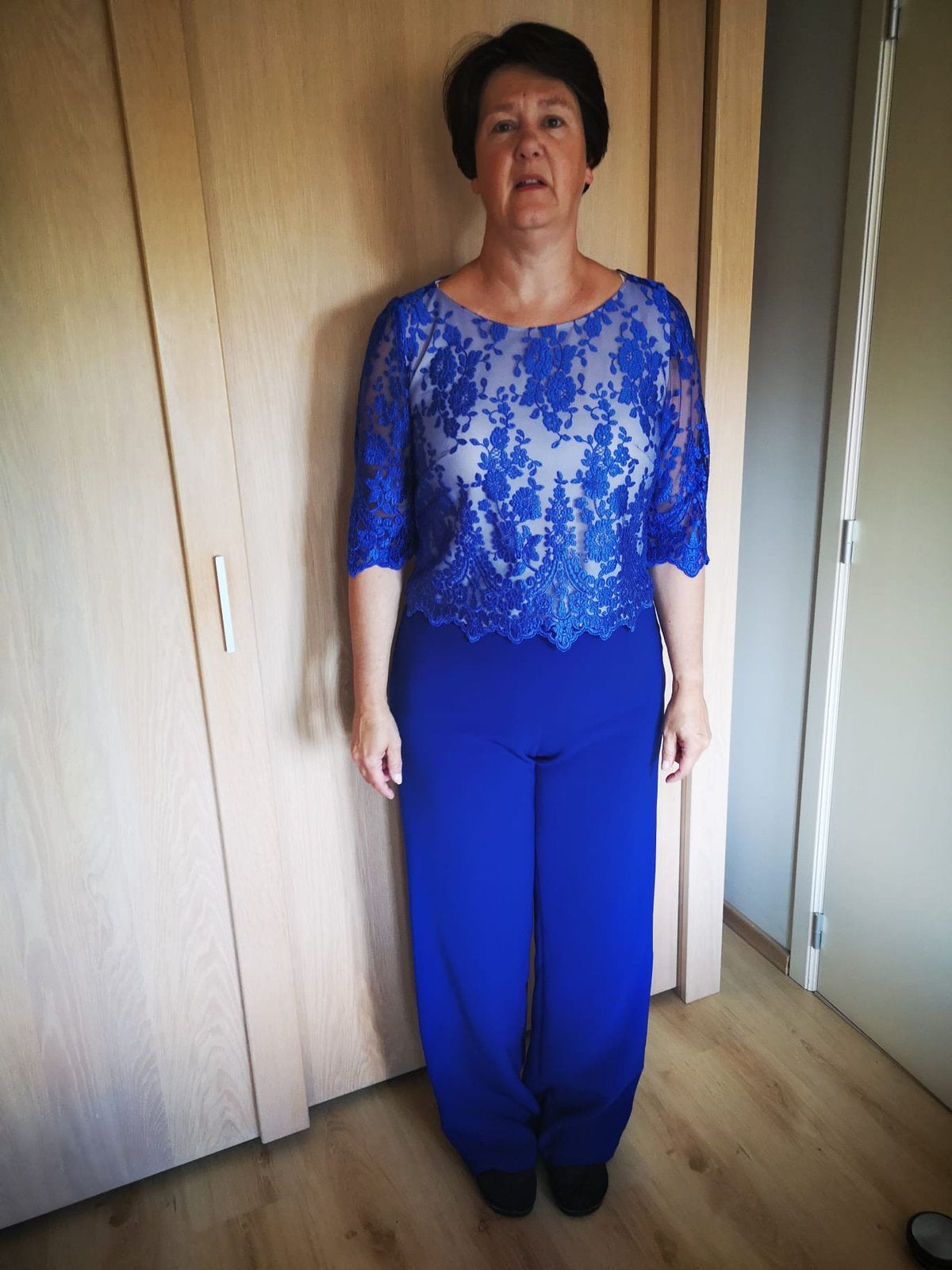 Blauw suite/feest broek +kanten bloes van Oni Onik, Kleding | Dames, Gelegenheidskleding, Ophalen, Overige typen, Blauw, Maat 42/44 (L)