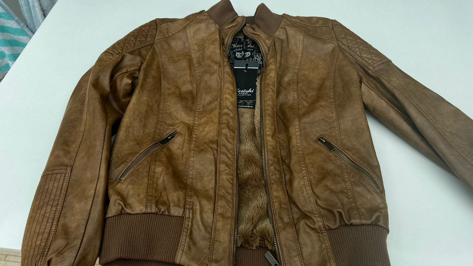Lederen bruine jacket koroshi, Ophalen, Nieuw, Maat 36 (S), Bruin