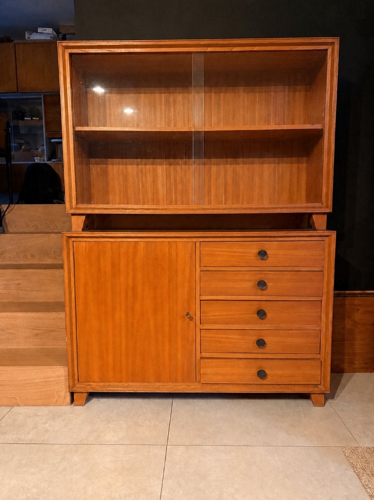 Vintage vitrine kast is warm hout, Huis en Inrichting, Kasten | Vitrinekasten, Ophalen, Gebruikt, Vintage, 150 tot 200 cm