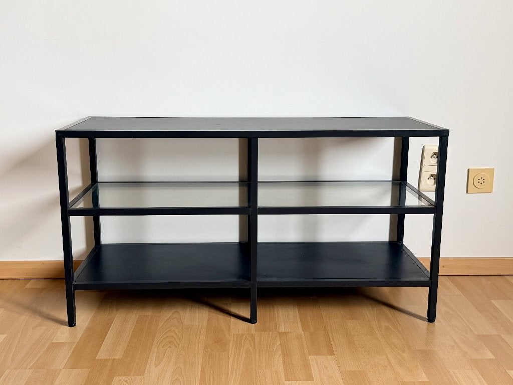 Meuble TV noir en métal et verre – 100 cm – 3 niveaux, Maison & Meubles, 25 à 50 cm, Moderne / Industriel, Verre, Moins de 100 cm