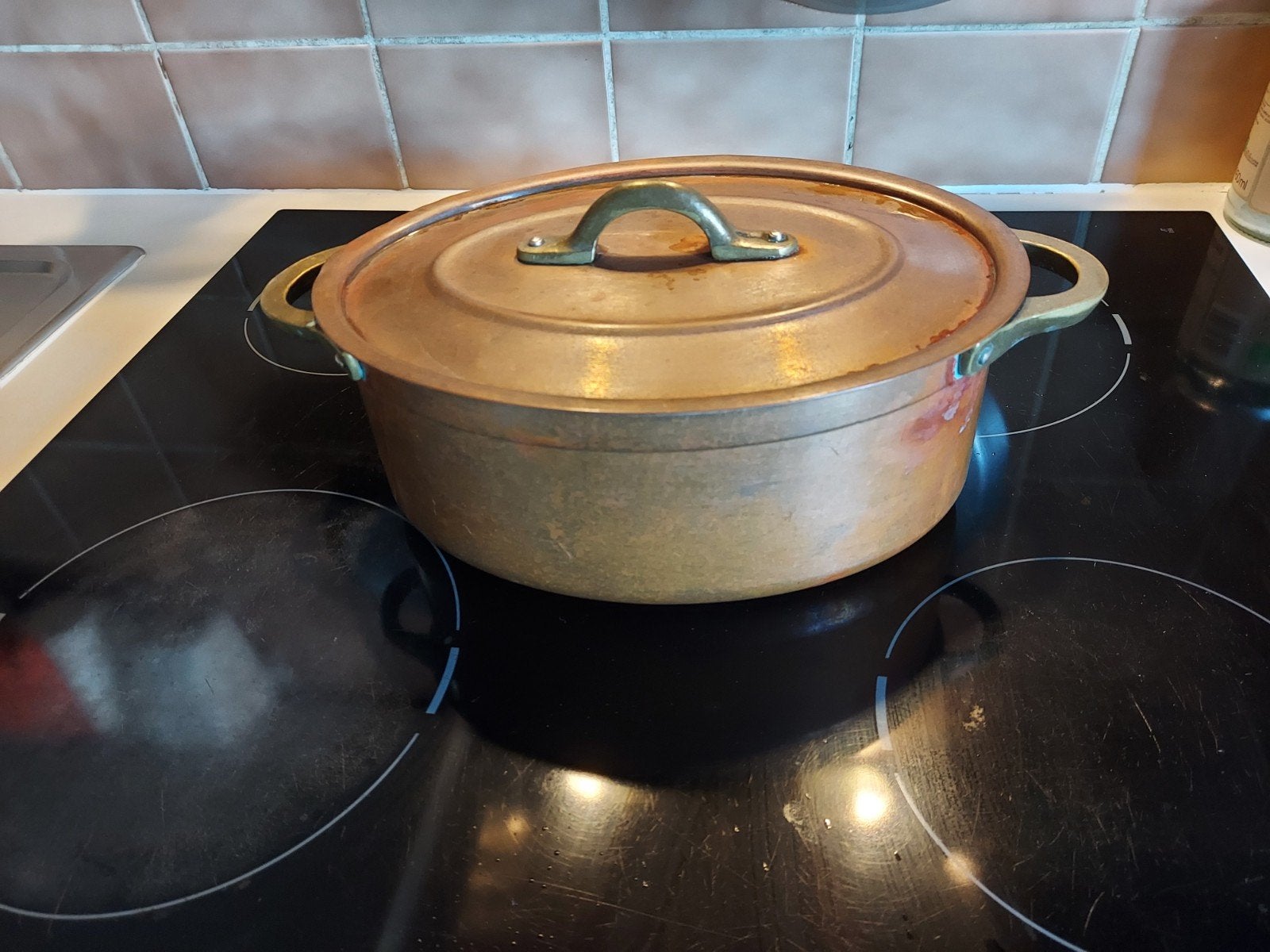 zware  franse koperen kookpot/pan met deksel, Met deksel, Ophalen of Verzenden