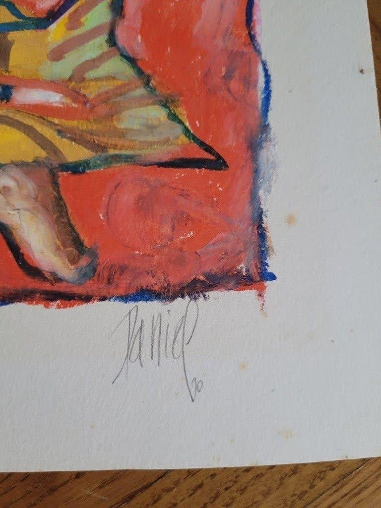 Mixed media origineel werk kunst "Naakte Vrouw met kat", Ophalen, Gesigneerd, Gemengde techniek, Figuren
