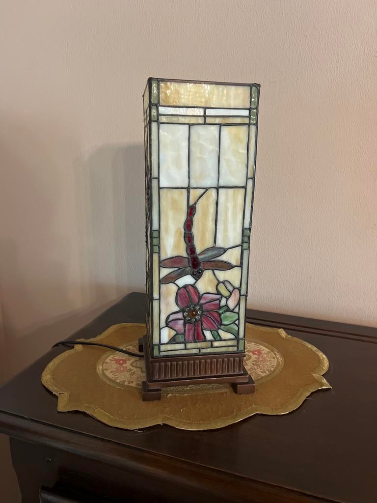 Vintage Tiffany tafellamp met libel glas-in-lood - art deco, Huis en Inrichting, Lampen | Tafellampen, Ophalen, Zo goed als nieuw