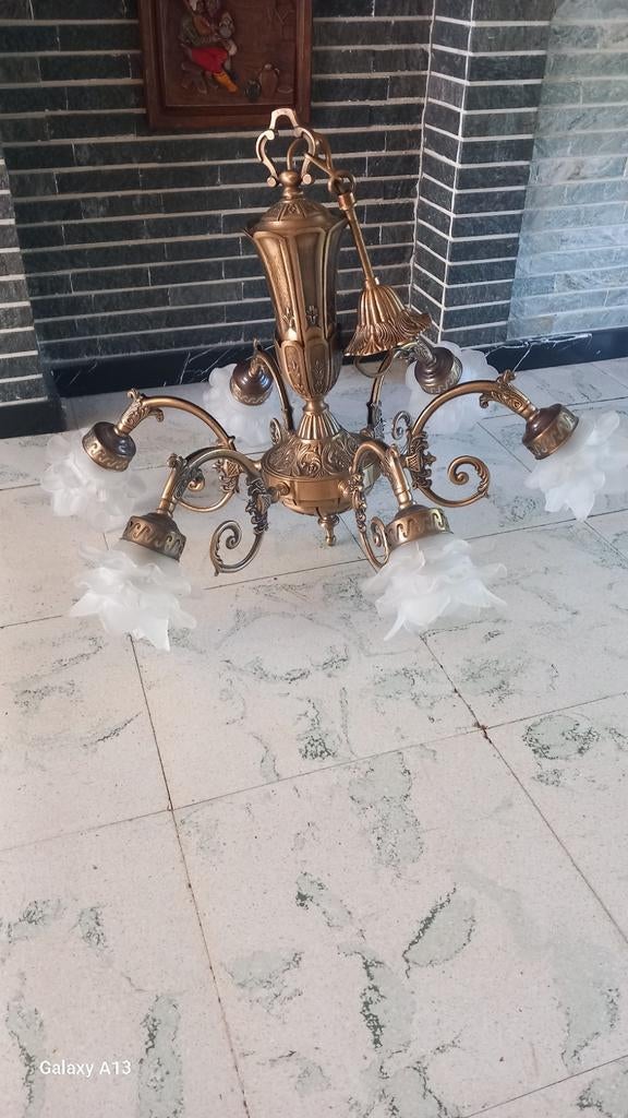 Zware bronzen luchter met 6 lichtpunten., Enlèvement, Verre