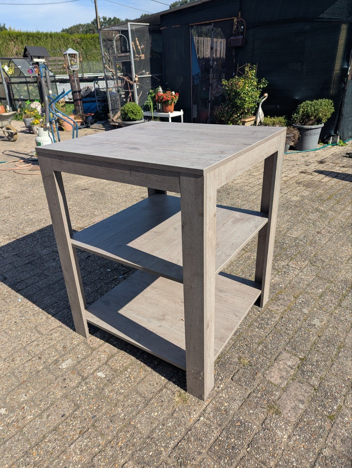 Stoere bartafel / keukeneiland met legplanken – Greywash eik, Enlèvement