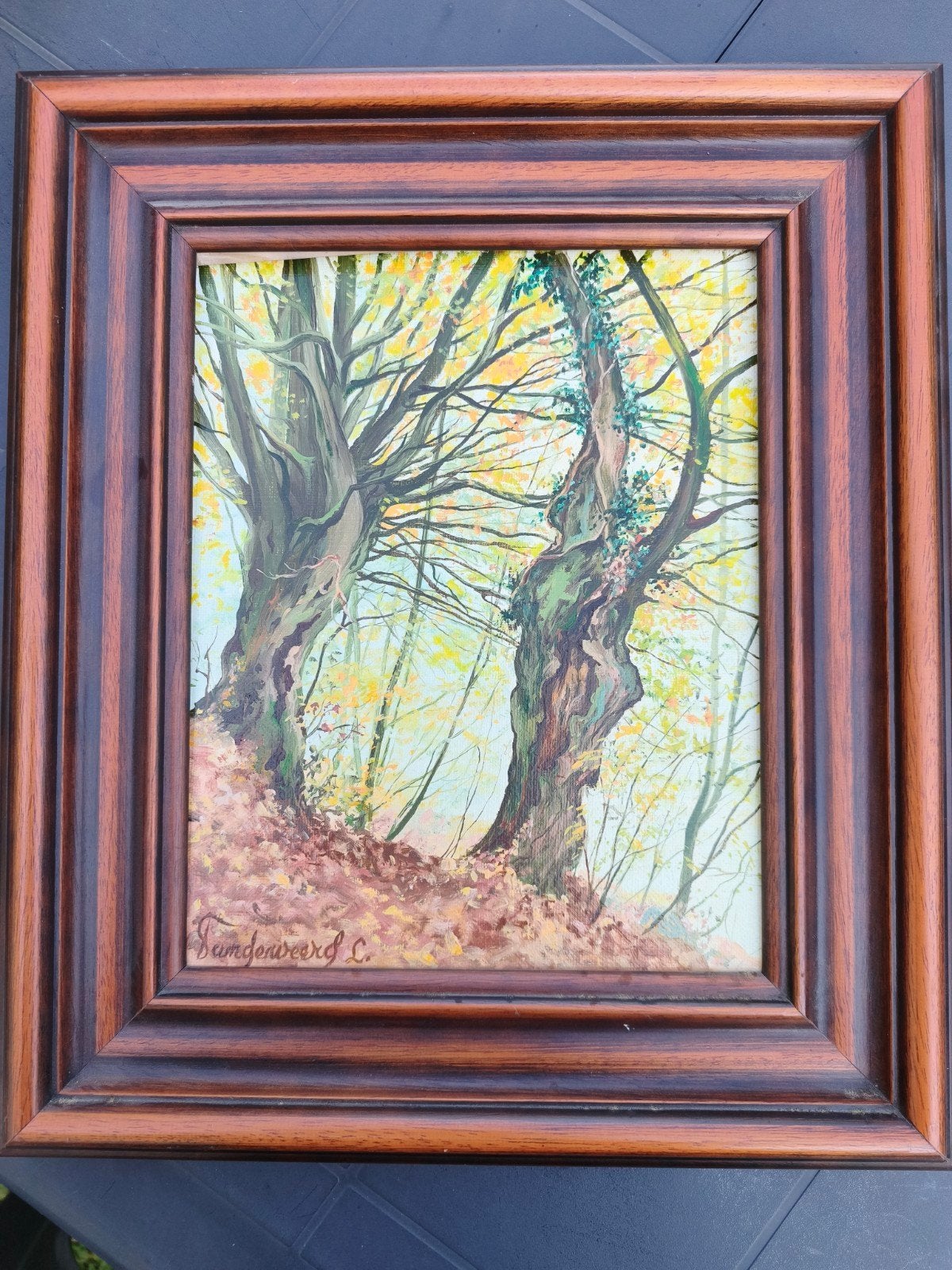 Tableau boisé, Signé, Peinture acrylique, Enlèvement, Nature morte