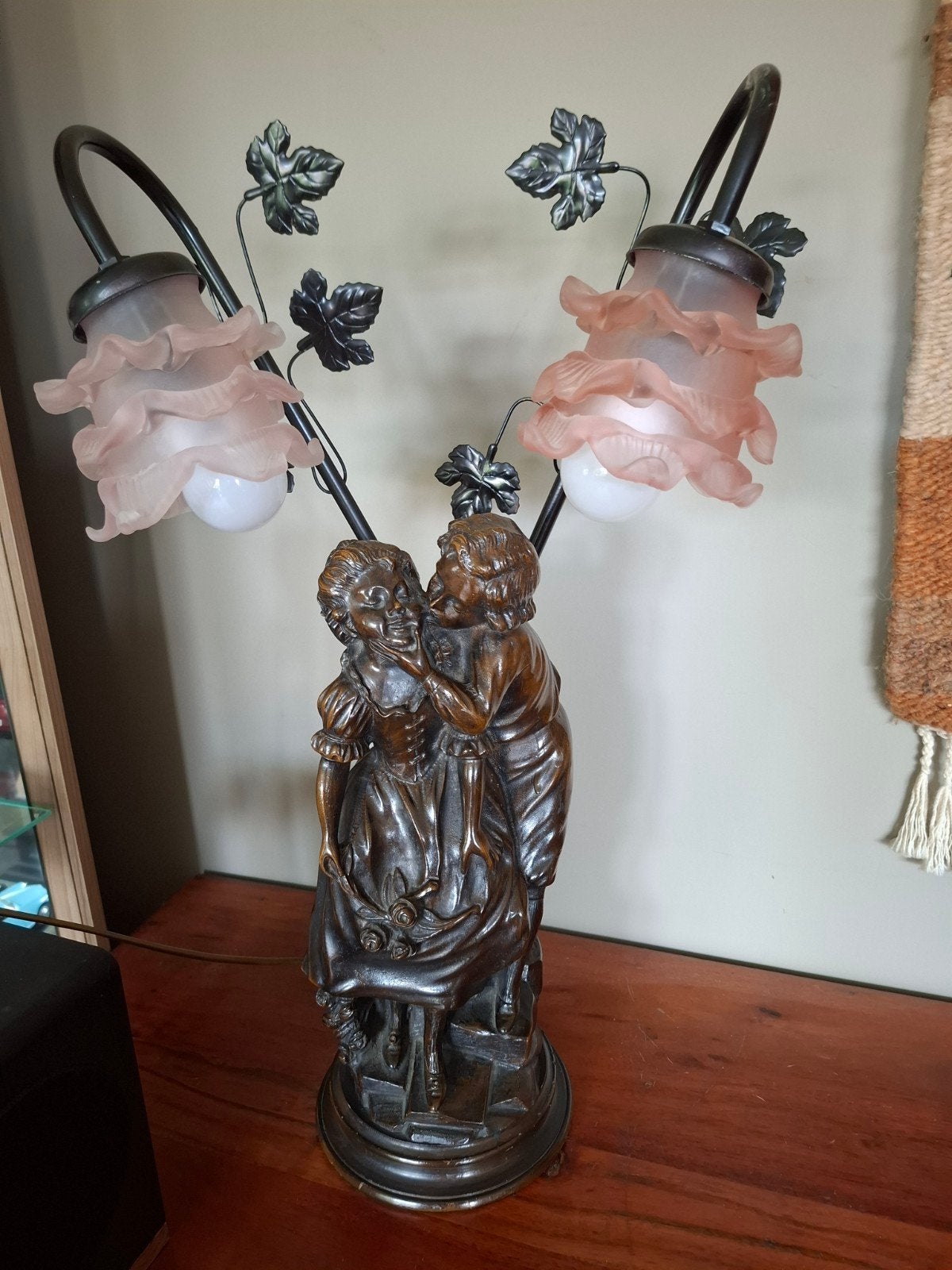 Antiek taffellamp, Goud, 56 cm, Zo goed als nieuw, Glas