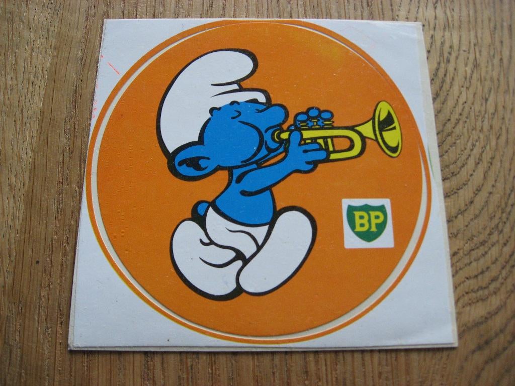 Autocollant BP Schtroumpfs orange en forme de trompette, Collections, Enlèvement ou Envoi, Schtroumpfs, Neuf, Image, Affiche ou Autocollant
