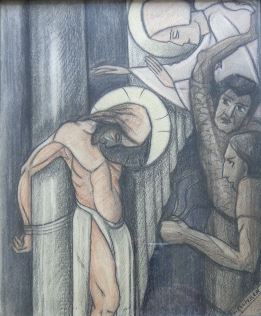 J. VAN KESTEREN / RELIGIEUZE SCENE / ORIGINEEL 32x26cm KADER, Portret of Personen, Ophalen of Verzenden, Tekening, Papier