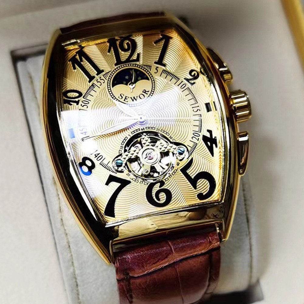 Superbe Montre Mécanique SEWOR - Boîtier Tonneau Doré & Phas, Bijoux, Sacs & Beauté, Enlèvement ou Envoi, Doré