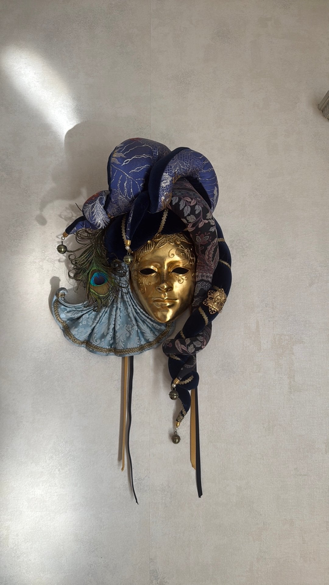 Masque vénitien original fait main, 40 cm, Bleu, Objet de décoration, 60 cm