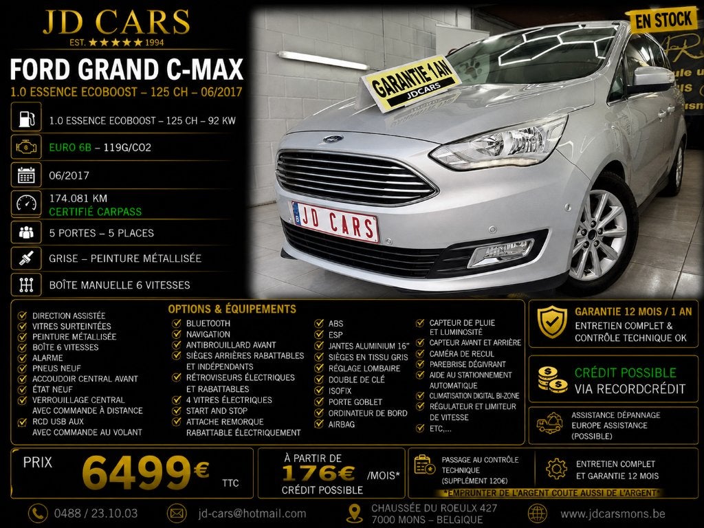 FORD GRAND C-MAX 1.0 ESSENCE ‼️GARANTIE 1 AN CTOK‼️, Argent ou Gris, Achat, Euro 6, Entreprise