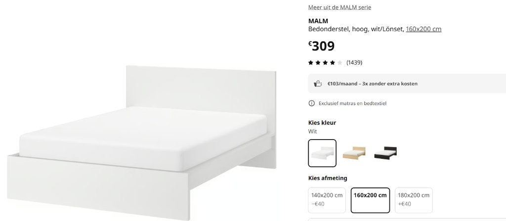 MALM Bedonderstel, hoog, wit + lattenbodem 160x200 cm, Huis en Inrichting, Ophalen, Wit, Tweepersoons, Zo goed als nieuw