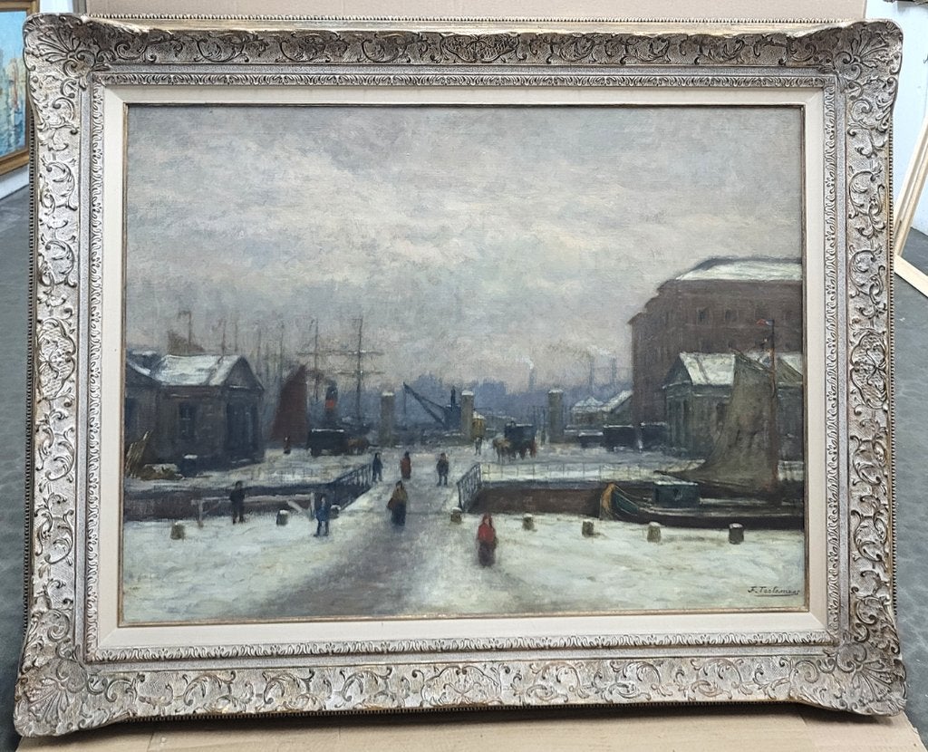 Jean François TAELEMANS, winter aan de kade, Paysage, Enlèvement, Toile, Signé