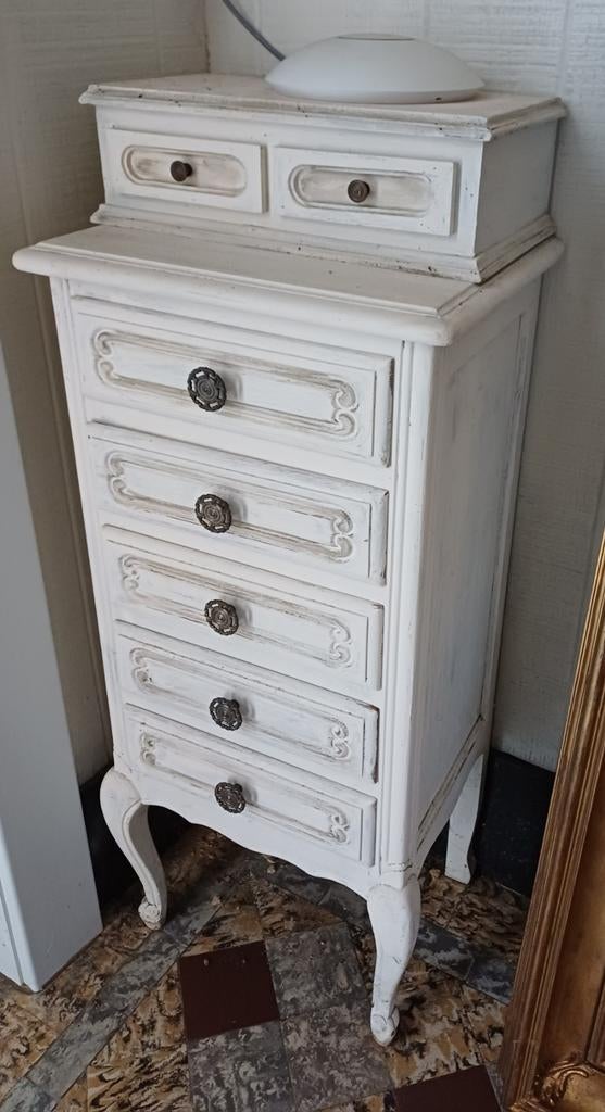 Wit gepatineerd brocante ladenkastje, Huis en Inrichting, Kasten | Ladekasten, Ophalen